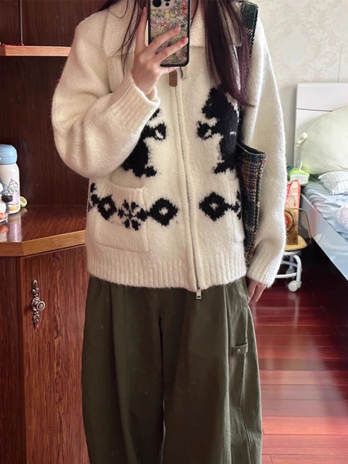 針織開衫女秋冬季寬鬆外穿氣質毛衣外套日系松鼠印花軟糯拉鏈翻領