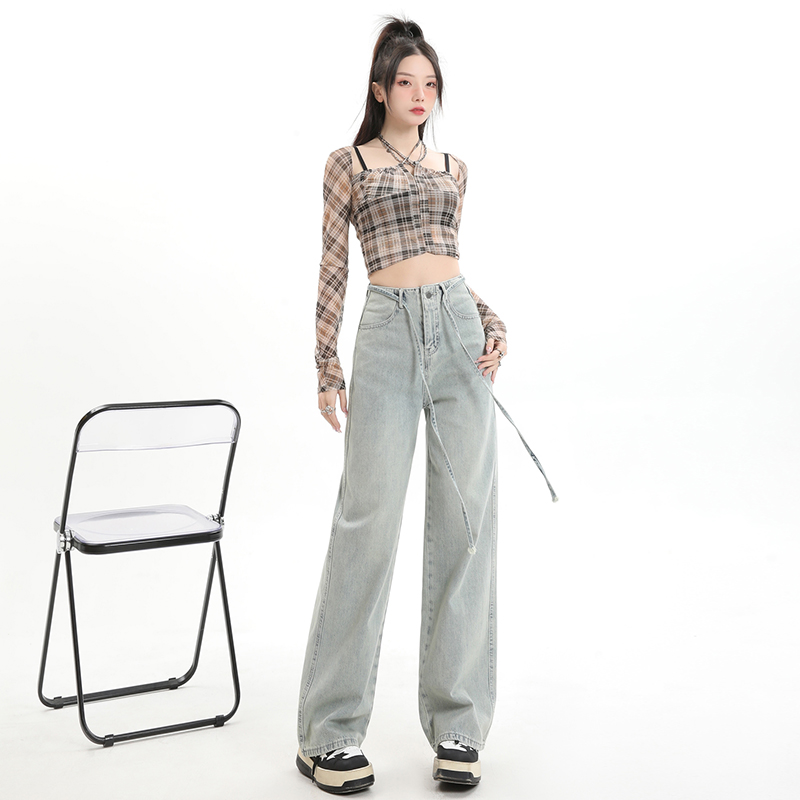 實拍復古做舊辣妹牛仔褲女2023新款高腰顯瘦寬鬆拖地褲子