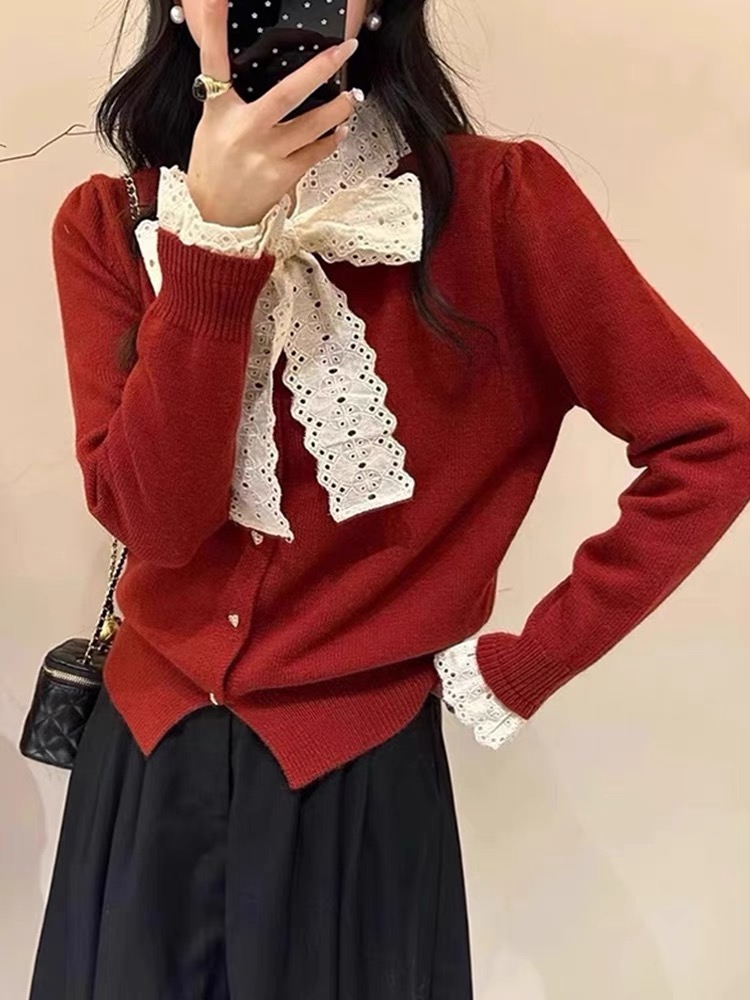 法式氣質蕾絲拼接蝴蝶結長袖針織開衫女秋冬季內搭毛衣打底衫上衣