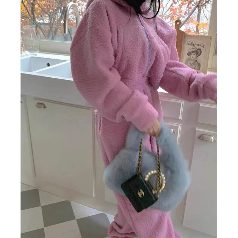 粉色加絨休閒運動服時尚高級感羊羔毛加厚連帽衛衣兩件套裝女秋冬