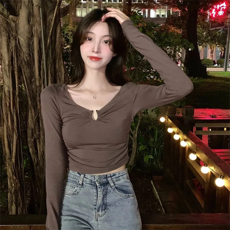設計感小眾春秋新款長袖T恤女運動百搭修身御姐彈力氣質顯瘦上衣