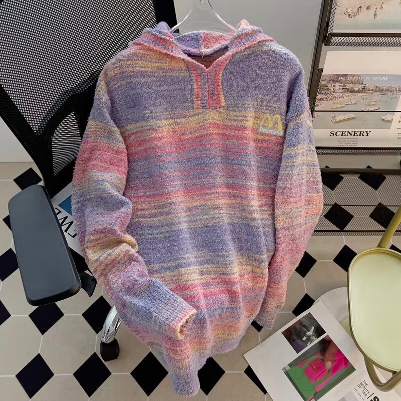 美式復古條紋連帽毛衣女秋冬新款刺繡慵懶風寬鬆套頭針織衫外套潮
