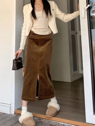 Real shot of sweet lady~ corduroy mid-length skirt, feminine and slimming slit skirt that wraps around the hips