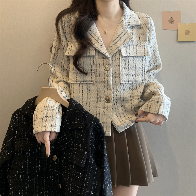 實拍 新款翻領格紋粗花呢小香風短百搭直筒顯瘦長袖外套女