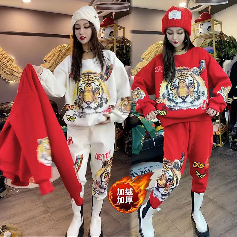網紅老虎秋冬季加絨加厚套裝女寬鬆印花休閒衛衣運動服兩件套