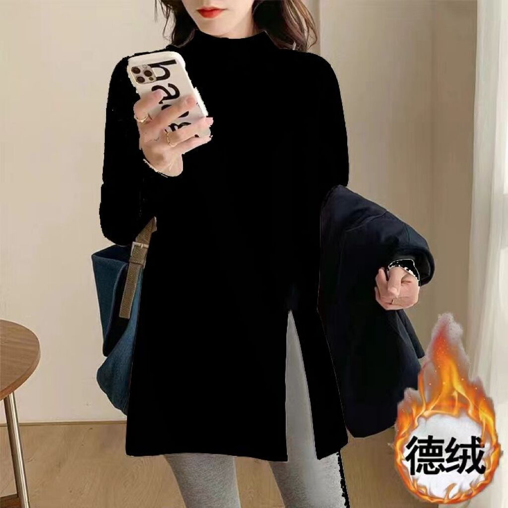 光版螺紋德絨半高領打底衫女內搭秋冬中長款寬鬆百搭開叉上衣