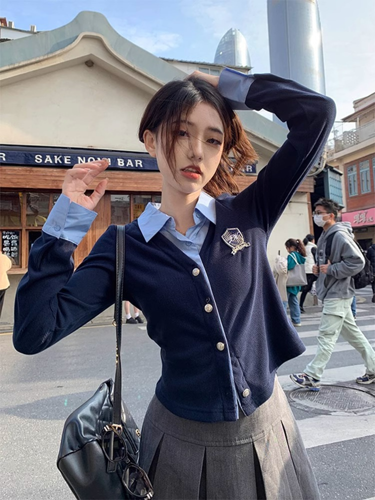 假兩件polo領襯衫女秋季2023新款學院風修身顯瘦短款疊穿開衫上衣