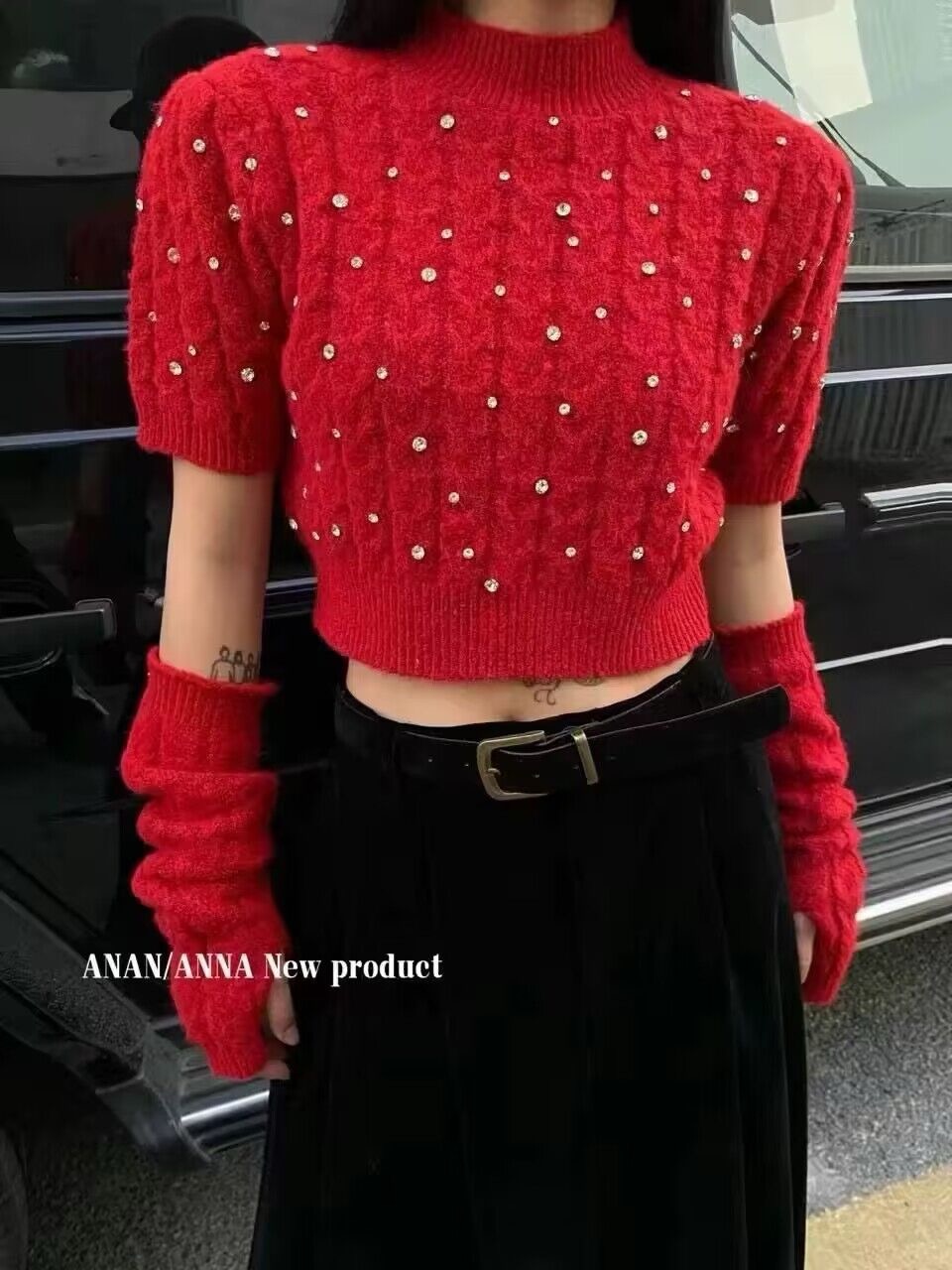 冬季圓領壤鑽拼接袖套毛衣女韓版新款修身顯瘦復古簡約毛針織衫女