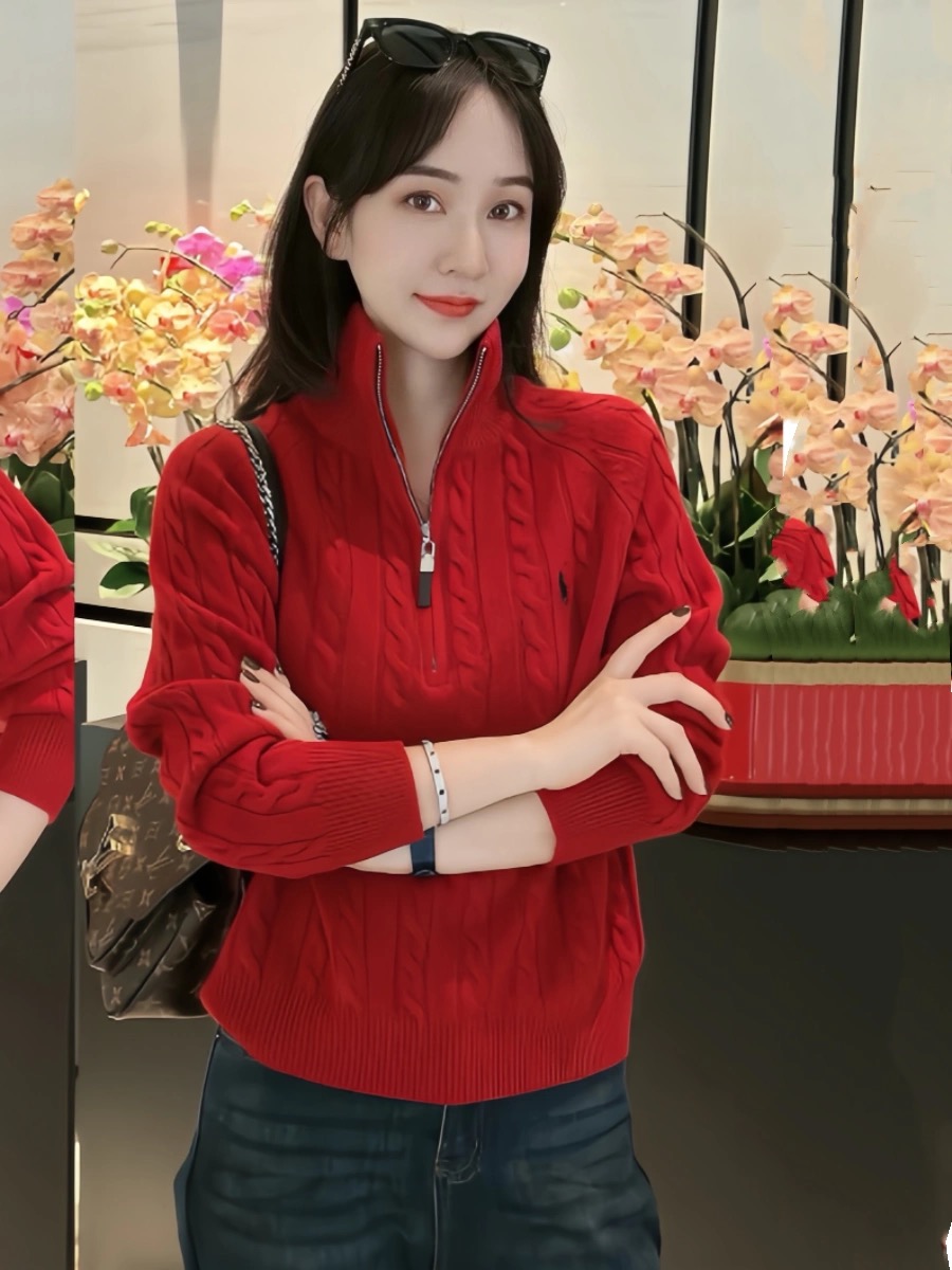 氣質百搭刺繡小馬拉夫半拉鏈立領套頭毛衣冬季加厚休閒針織上衣女