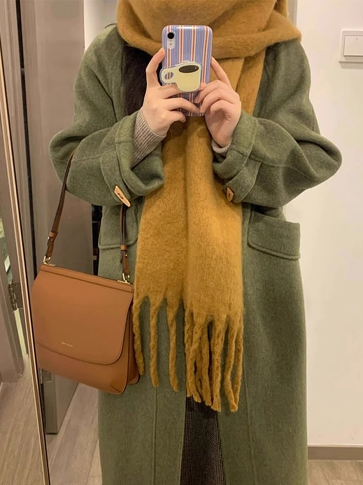 綠色牛角扣呢子大衣女秋冬季2023新款高級感小個子赫本風毛呢外套