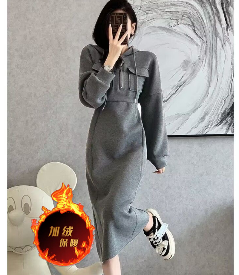 加絨加厚連帽長款衛衣裙女秋冬新款輕奢小眾收腰氣質休閒連衣裙子