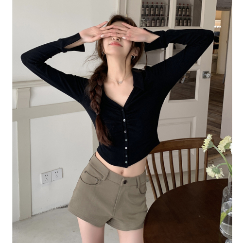 Actual shot of 2024 spring and summer new design pleated waist shirt for hot girls sexy slim slim polo collar short shirt