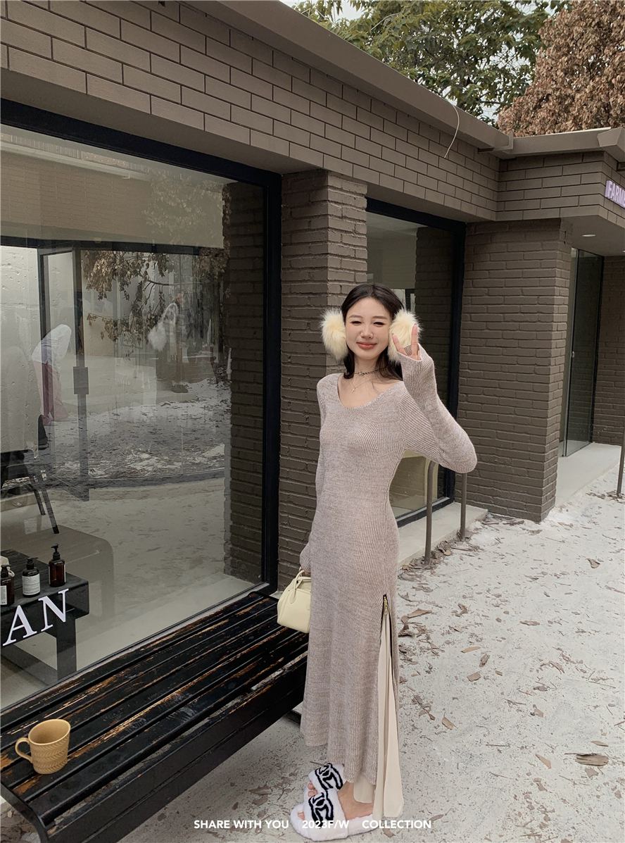 Actual shot Pianpian patchwork yarn woolen design early autumn small square collar front shoulder slimming dress
