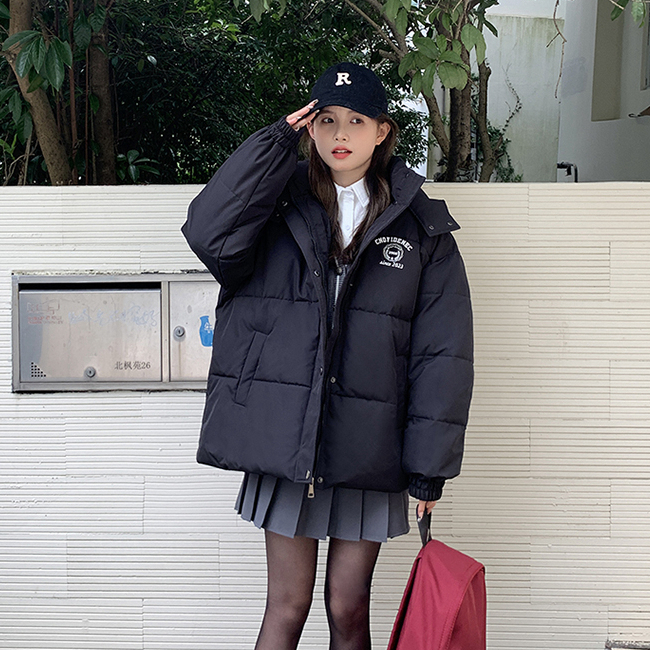 Winter down jacket for women black short loose large size college style jacket autumn and winter thickened warm student cotton jacket