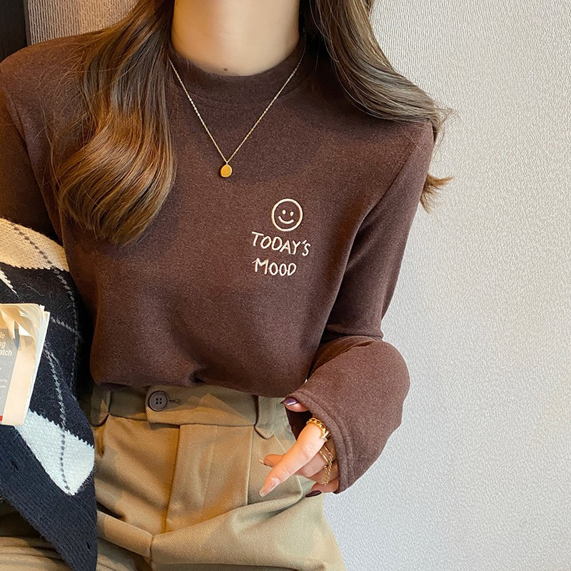 半高領德絨刺繡笑臉長袖t恤男女2023秋冬修身洋氣內搭磨毛打底衫