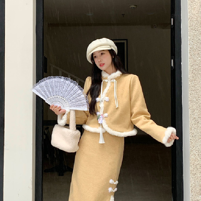 龍鳳呢面料秋冬季2023新款小香風套裝裙子加厚外套兩件套半身裙