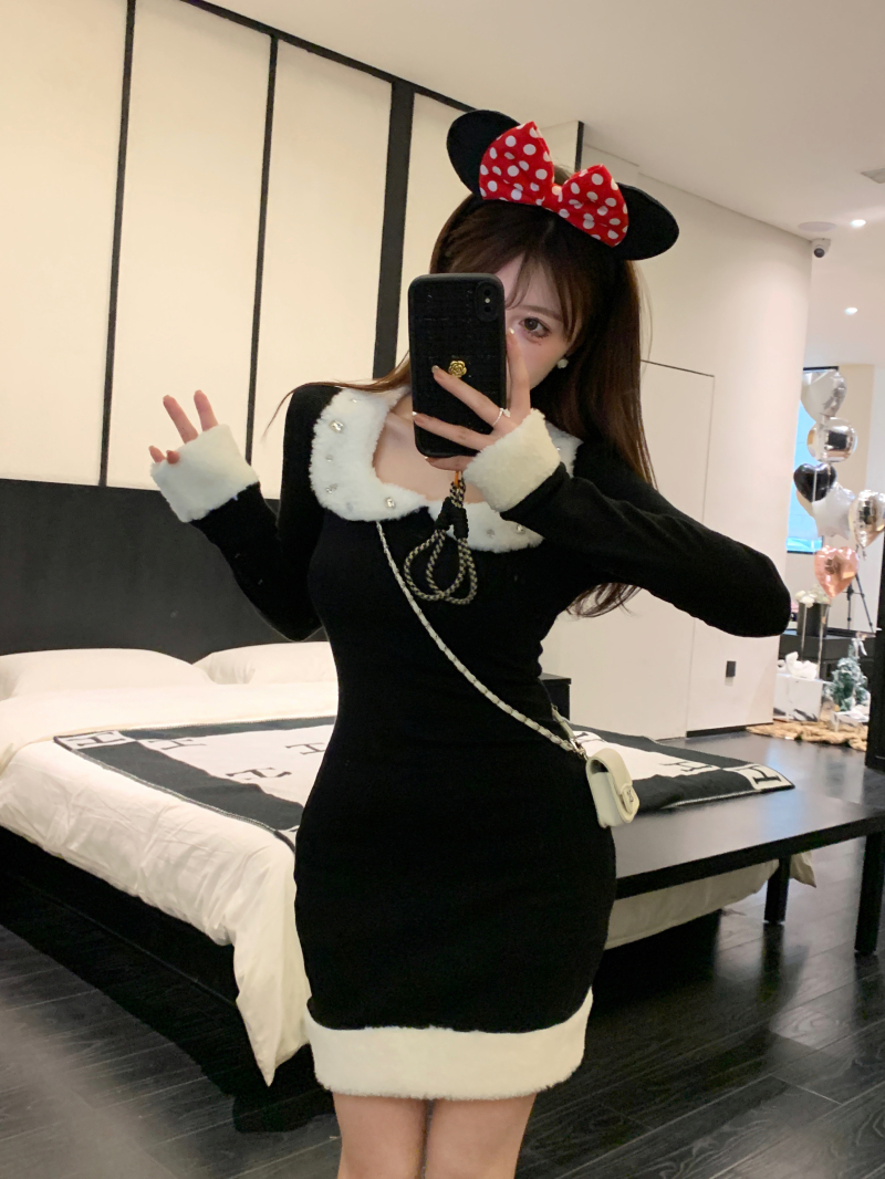 實拍 星光精靈 鑽石方領拼接娃娃領長袖針織辣妹連衣裙女