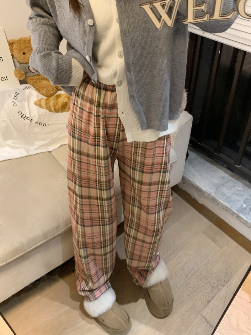 實拍 格子加厚加絨闊腿褲高腰寬鬆直筒加厚羊羔絨保暖休閒褲