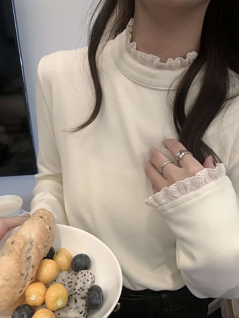 花邊半高領蕾絲拼接純色設計感T恤上衣女