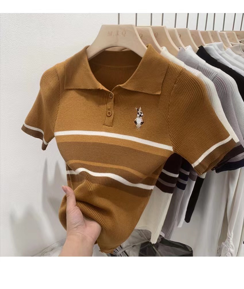 小個子套頭針織衫女初秋新款Polo領刺繡修身撞色修身小眾短款上衣