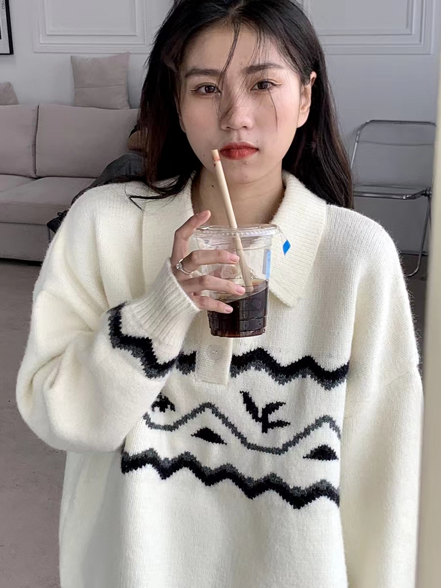 橘子樹在哪兒私服翻領毛衣針織衫女春秋季顯白長袖溫柔慵懶風上衣