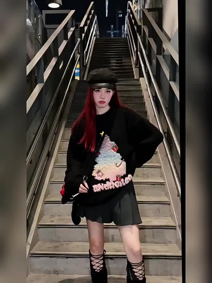 cuwu美式復古聖誕樹黑色毛衣女冬季新款慵懶風外套針織打底衫上衣