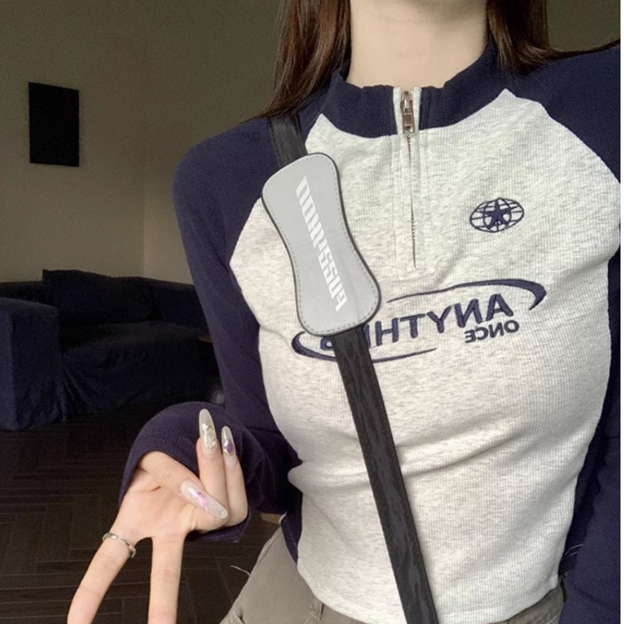 辣妹風正肩短款t恤女顯瘦內搭打底衫秋冬裝純棉拼接長袖上衣女