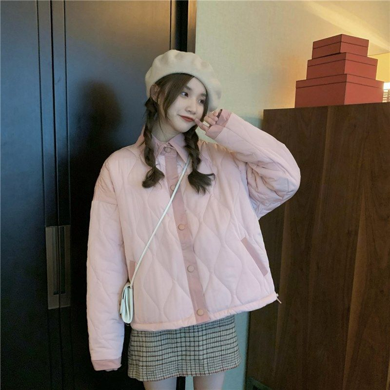 春季粉色棉服短款外套小個子麵包夾棉棒球服女外搭開衫外穿加厚