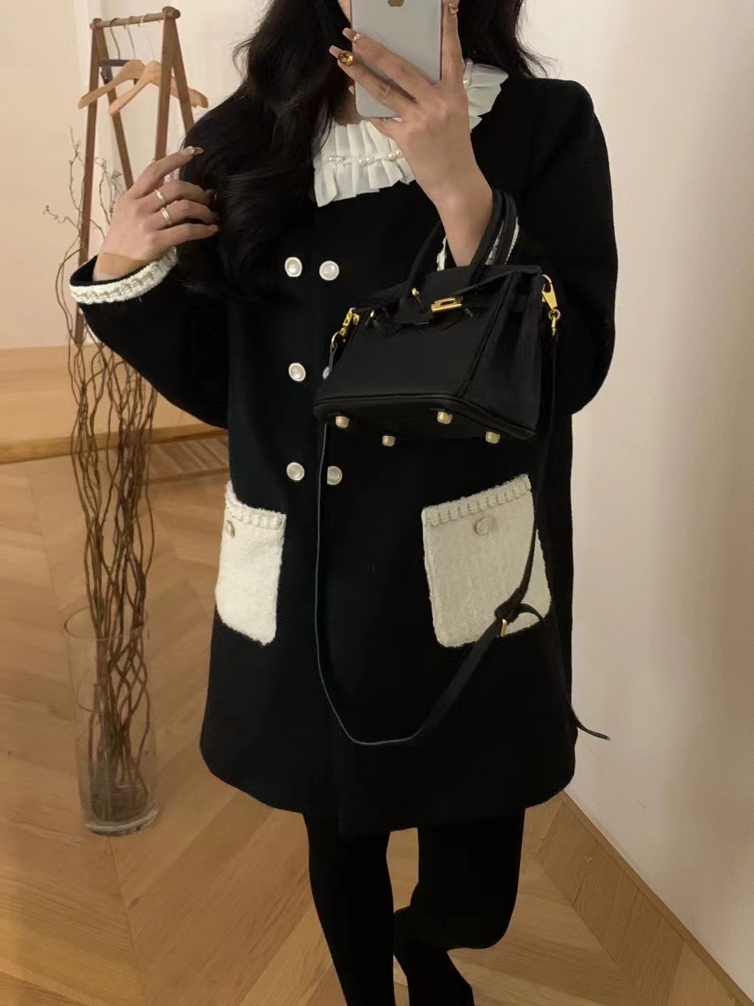 小香風羽絨內膽羊毛呢外套女歐洲站2023秋冬花邊雙排扣中長款大衣