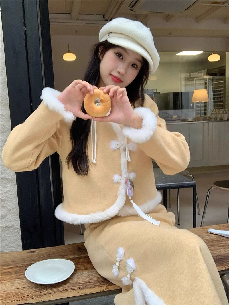 新中式高級感加絨加厚氣質盤扣外套半身長裙女冬季2023新款兩件套