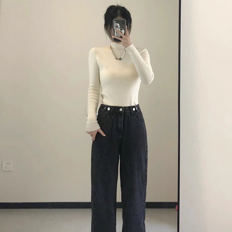 半高領針織衫女秋冬款加厚杏色打底衫修身顯瘦內搭毛衣高級感上衣