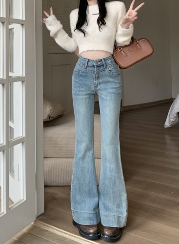 Real shot ~ Retro washed light blue jeans for women spring new high waist floor-length flared pants