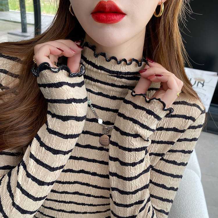 Striped bottoming shirt for women in autumn and winter, half-turtle collar, spring and autumn long-sleeved T-shirt, slim and fashionable, fungus-edged top
