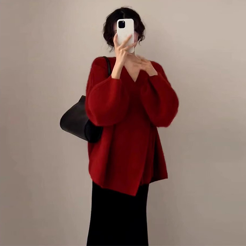 聖誕新年紅色毛衣女秋冬季慵懶風2023新款針織開衫外套高級感上衣
