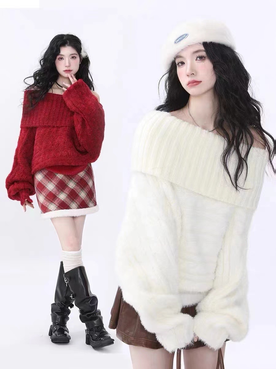 White Lapel One Shoulder Twist Sweater Women's Autumn and Winter Gentle Lazy Style Sweater Soft Waxy Loose Pullover Top