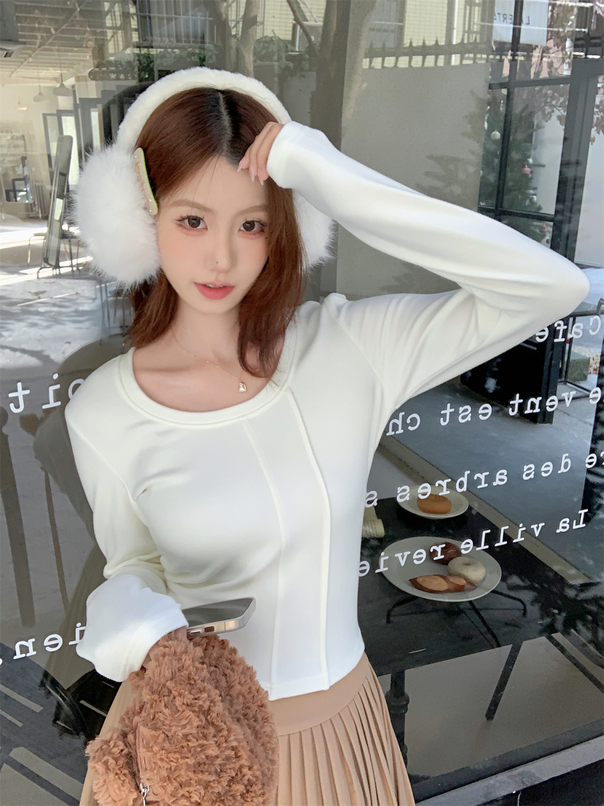 實拍 秋冬韓版修身u領魚骨顯瘦內搭德絨保暖T恤打底衫上衣女