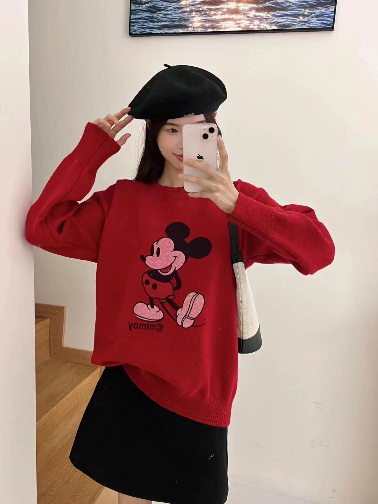 卡通米奇圓領毛衣女寬鬆秋冬裝新款韓版百搭打底針織衫上衣厚