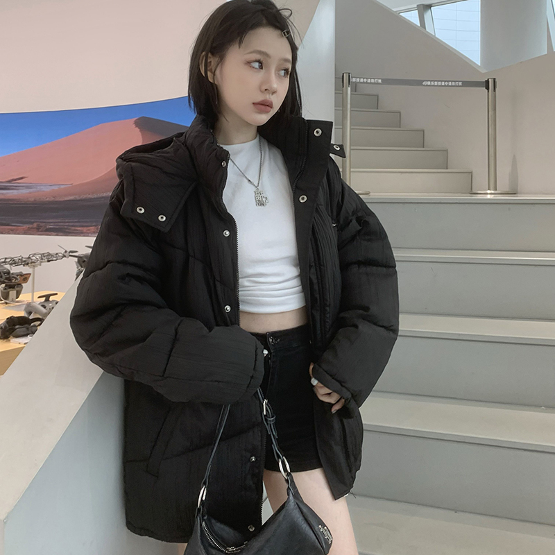 實拍！黑色羽絨棉服女短款新韓版寬鬆加厚小個子棉衣冬季外套