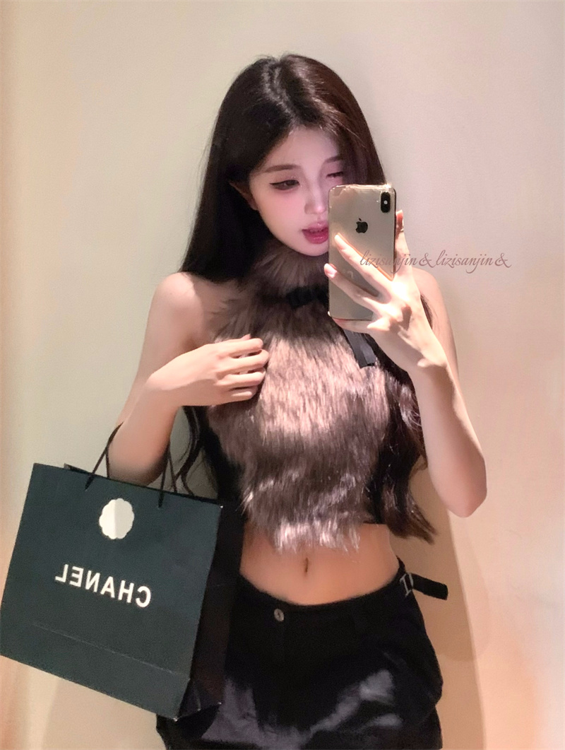 實拍 欲野狐狸設計感小眾蝴蝶結毛毛吊帶背心女外穿內搭上衣