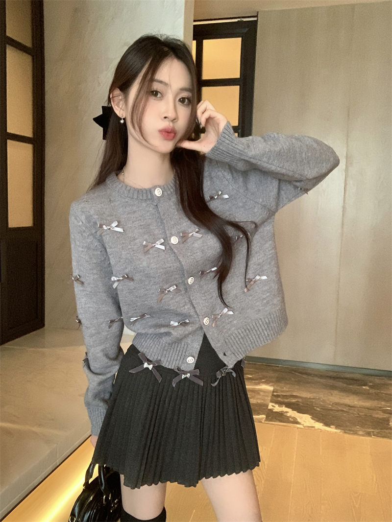 實拍 圓領重工蝴蝶結單排扣針織毛衣開衫外套+高腰壓褶半身裙