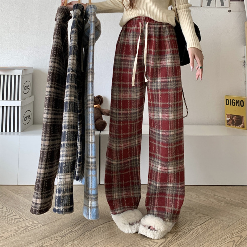 Real shot red plaid pants autumn and winter new high waist drape casual floor mopping retro plus velvet wide leg pants