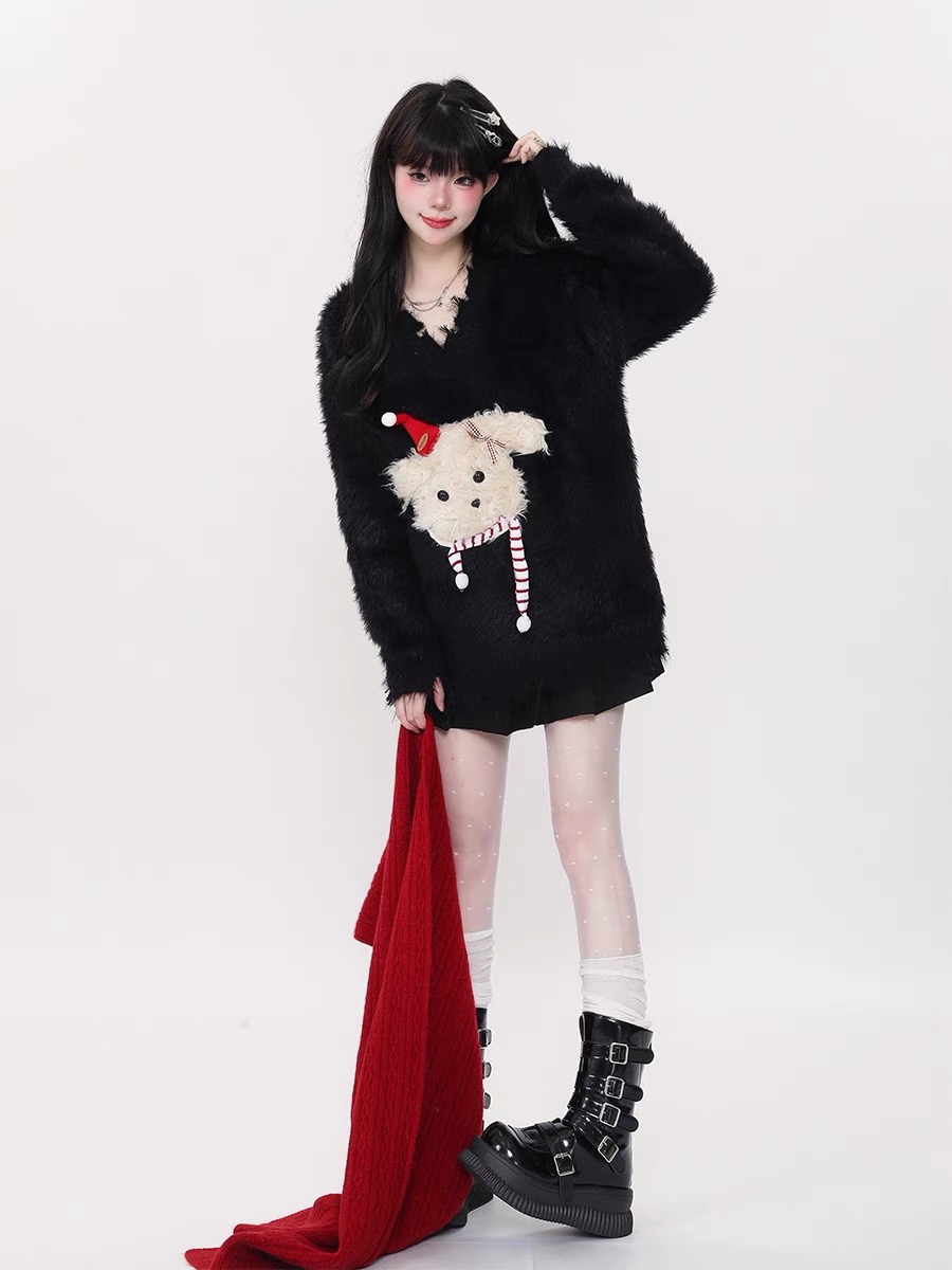 2024韓系秋冬新款紅色聖誕狗狗毛衣女慵懶風軟糯風V領針織上衣