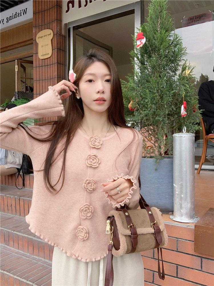 實拍~甜美立體花朵刺繡暗扣長袖針織衫秋冬設計感溫柔開衫女