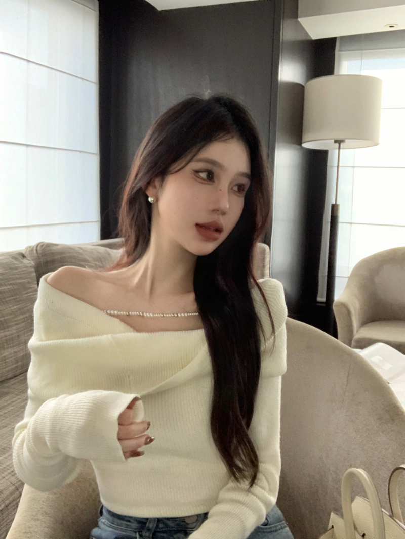 實拍 純欲一字肩針織上衣春秋內搭修身型溫柔長袖套頭毛衣女