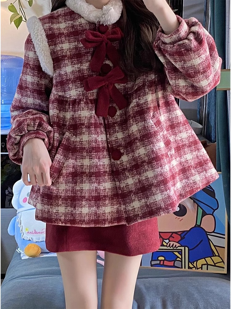 聖誕紅色小香風套裝女2023秋冬格子毛呢外套+a字半身裙氣質兩件套