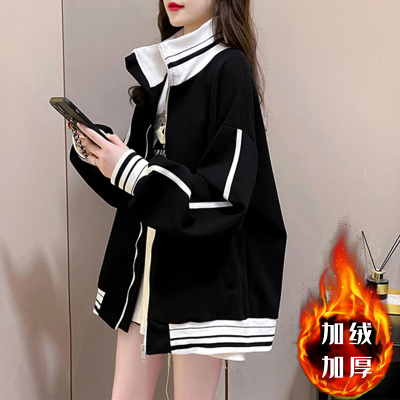 首發仿華棉復貝貝絨2023冬季加絨加厚寬鬆連帽外套衛衣女