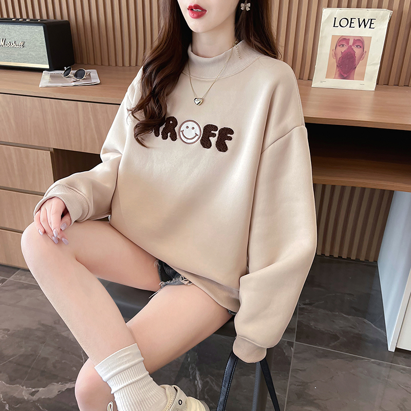 實拍華棉複合羊駝絨420克衛衣女秋冬刺繡半高領保暖上衣大碼女裝