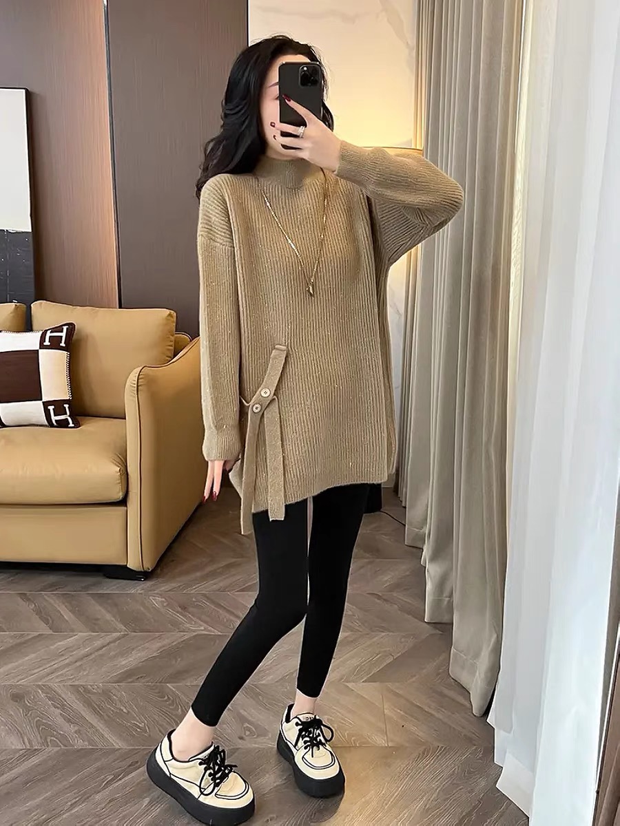 European mid-length high-neck slim sweater for women in autumn and winter, loose, fashionable, versatile, casual, Korean version, slim top, trendy