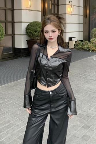Actual shot ~ 2024 early spring new sexy pure lust style design stitching pu leather shirt hot girl tops for women