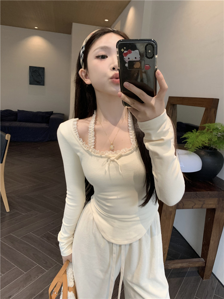 實拍~純欲捕手掛脖拼接蕾絲花邊打底T恤內搭短上衣女